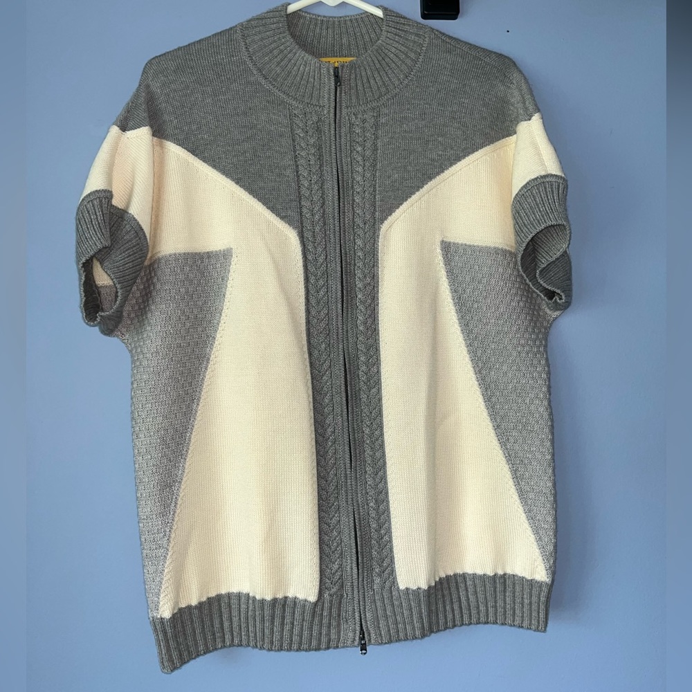 St John Wool Full Zip Cable Ribbed Knit Short Sleeve Sweater Cardigan Large